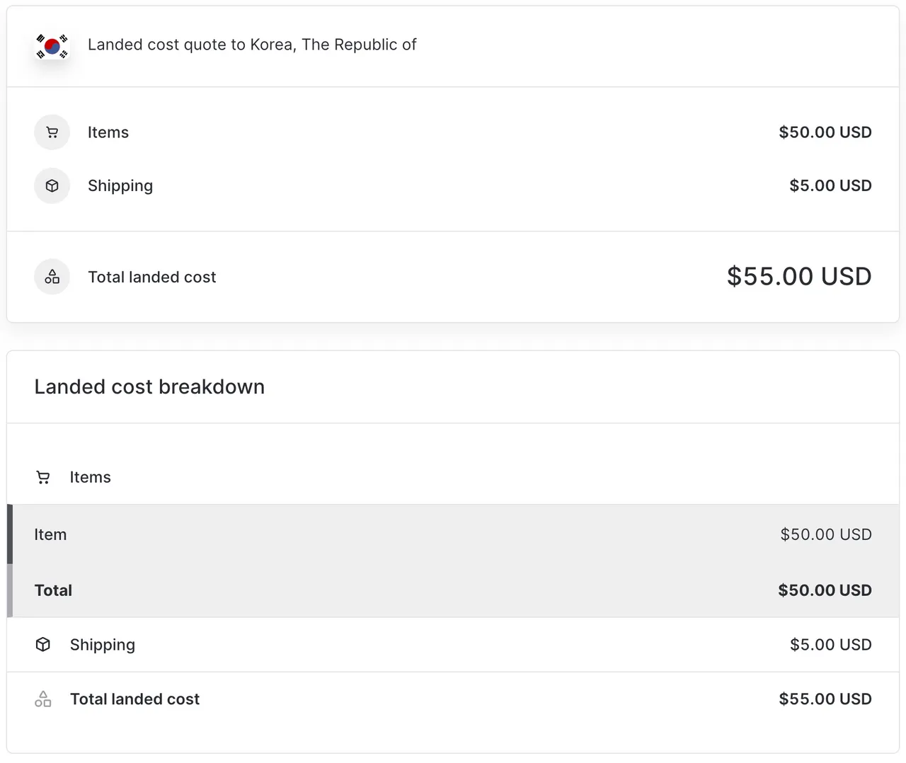 Landed cost example for a shipment to South Korea below the de minimis
value.